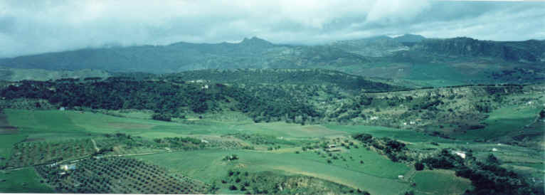 Panoramic view of valley and mountains